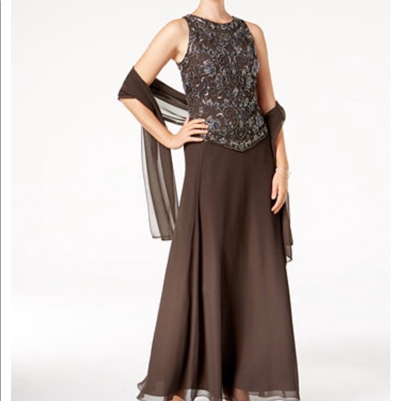 Jkara Dresses & Skirts - JKara TAN formal sequined full length dress/ shaw